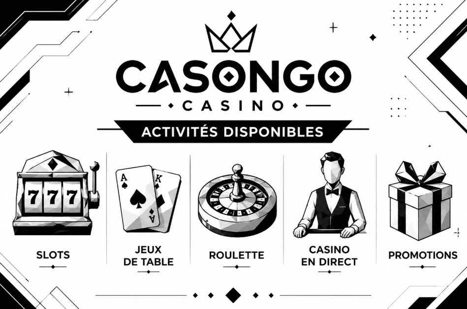 Casongo Casino activités disponibles avec design géométrique noir et blanc